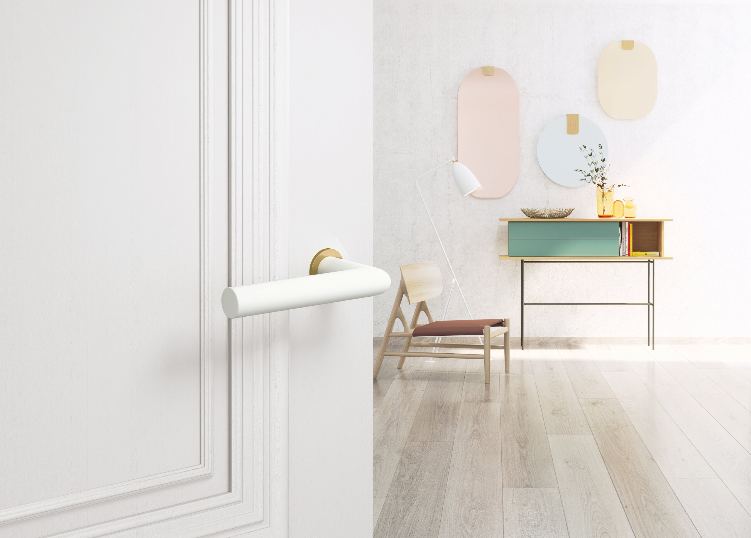 Door leading into a living room, fitted with System 162 mini lever handle, pure white, polished brass