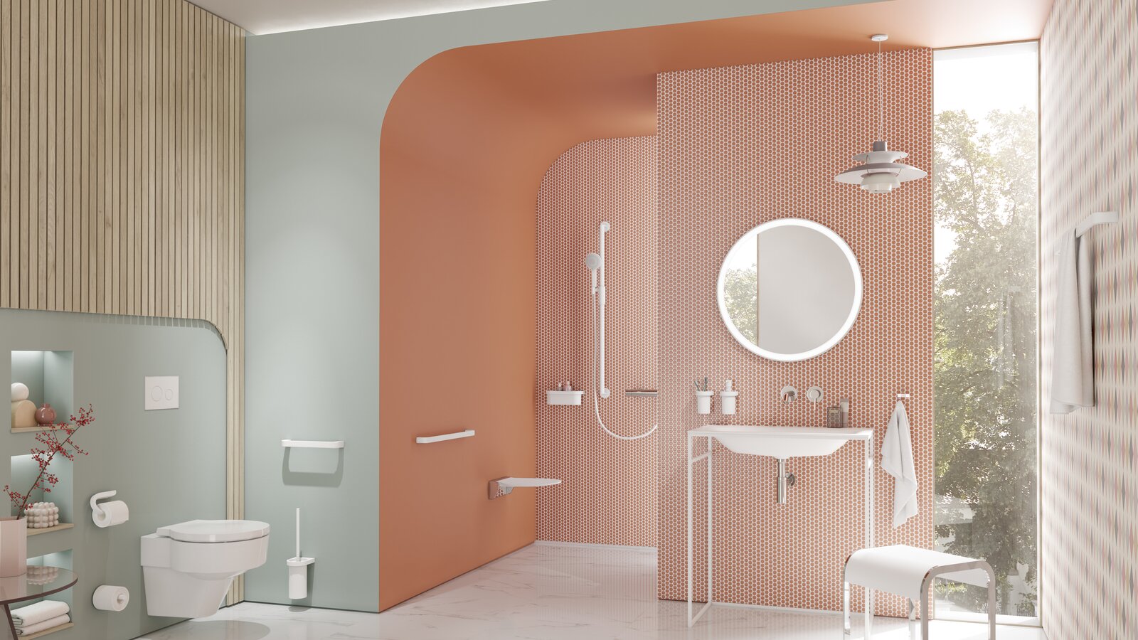 Salle de bain moderne avec lavabo, espace douche et WC