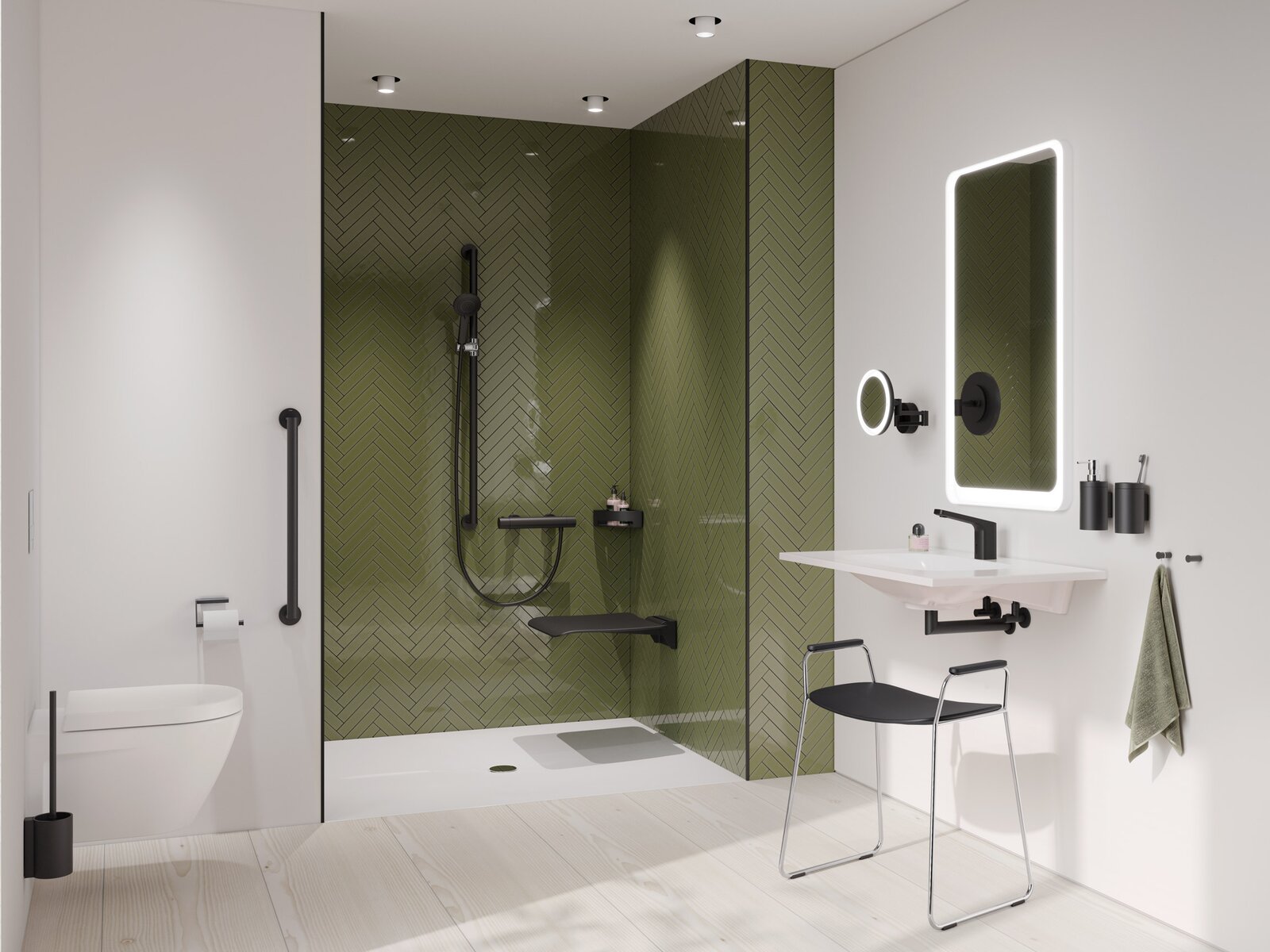 Salle de bain accessible avec lavabo, espace douche et WC