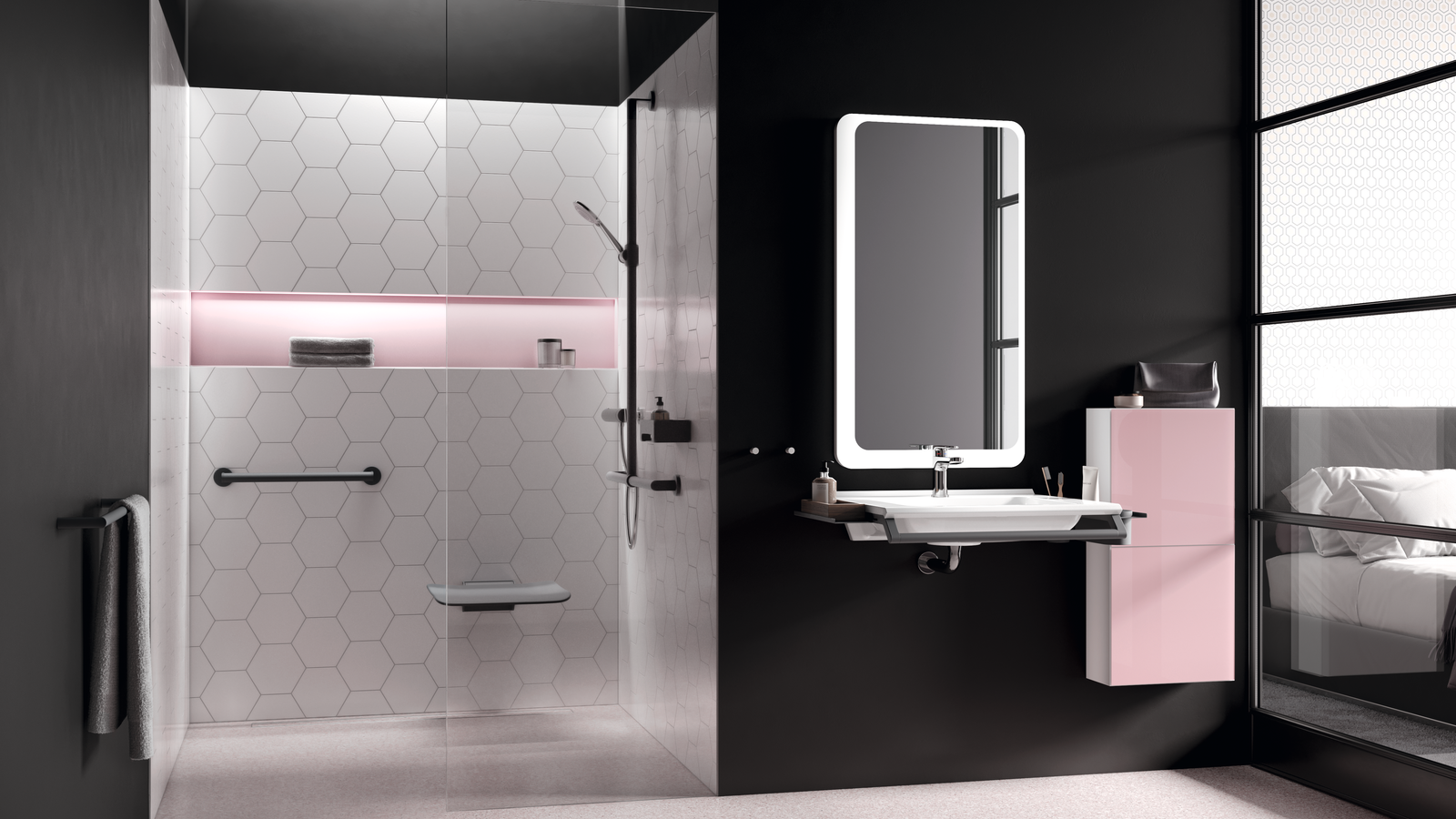 Modern hotel bathroom with barrier-free washbasin and shower area