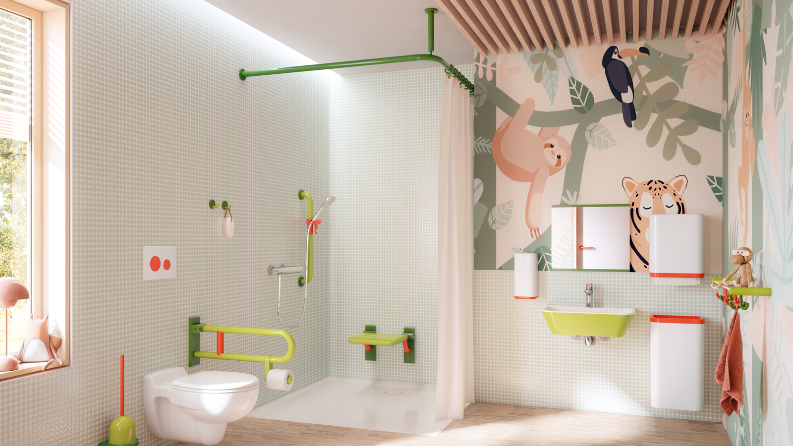 Salle de bain du jardin d'enfants avec des équipements sanitaires colorés