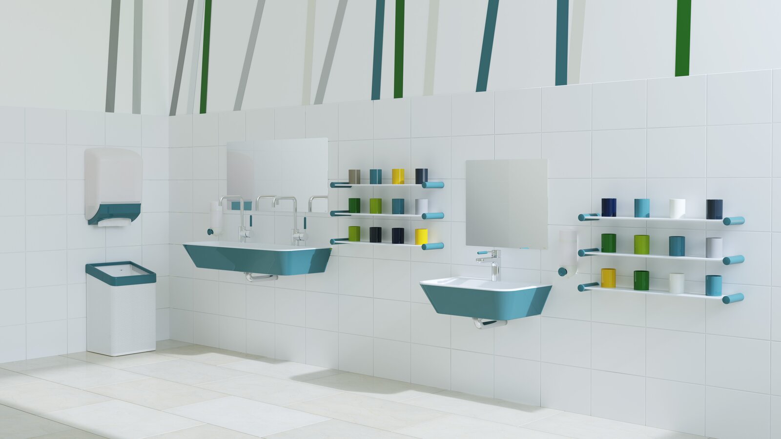 Two washbasins at different heights next to colorful toothbrush cup rails