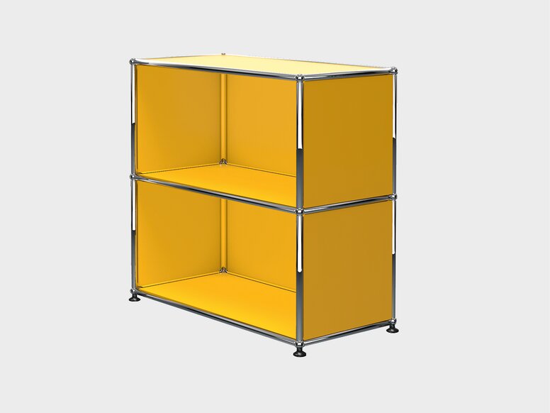 Armoire ouverte avec deux compartiments en jaune et structure chromée