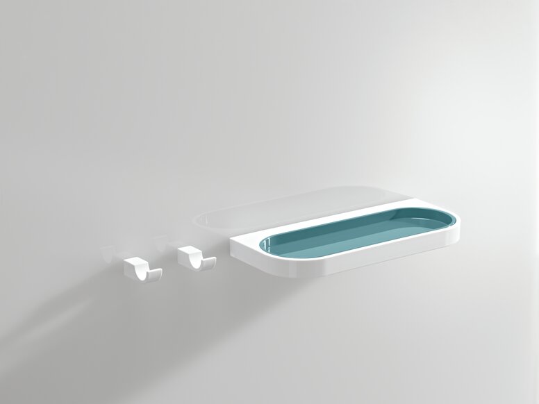 Shelf and towel hook system 800K in the colour aqua blue