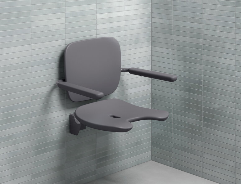 Shower seat with backrest and armrests in the color anthracite made of hard foam