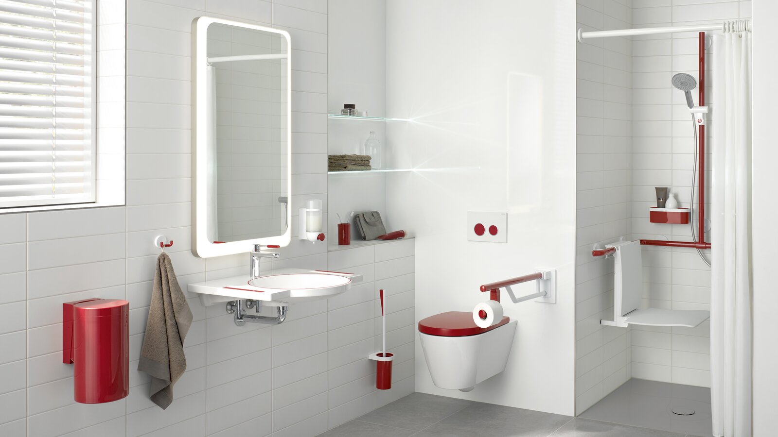 Bathroom equipped with products in a contrasting red color for dementia patients