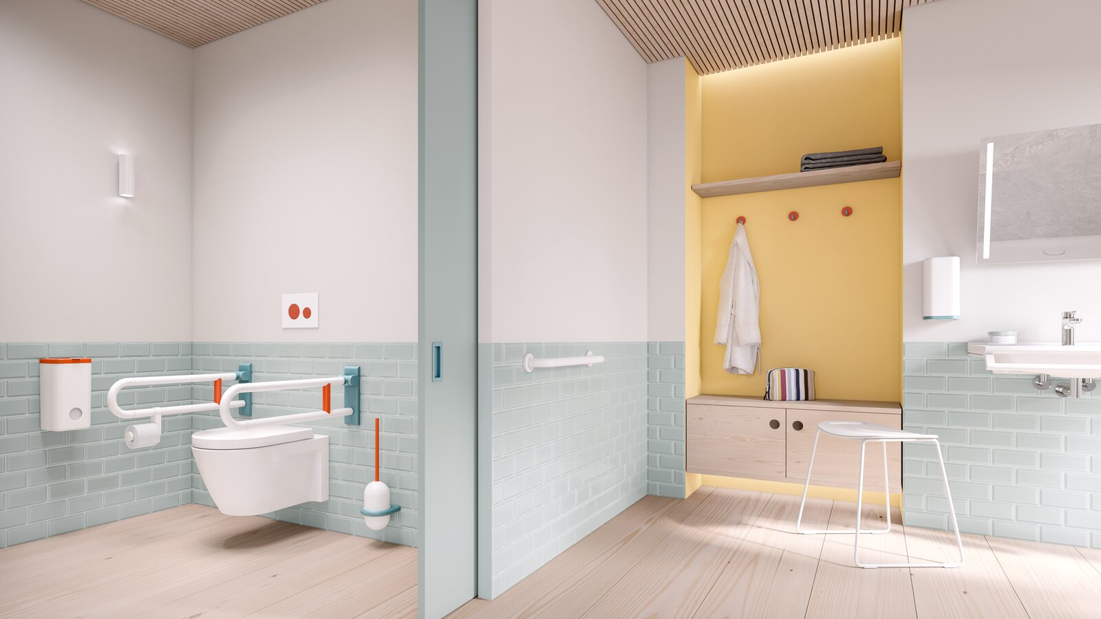 Barrier-free bathroom equipped with HEWI series 477/801 in the 3 ICONIC colours aqua blue, coral and white