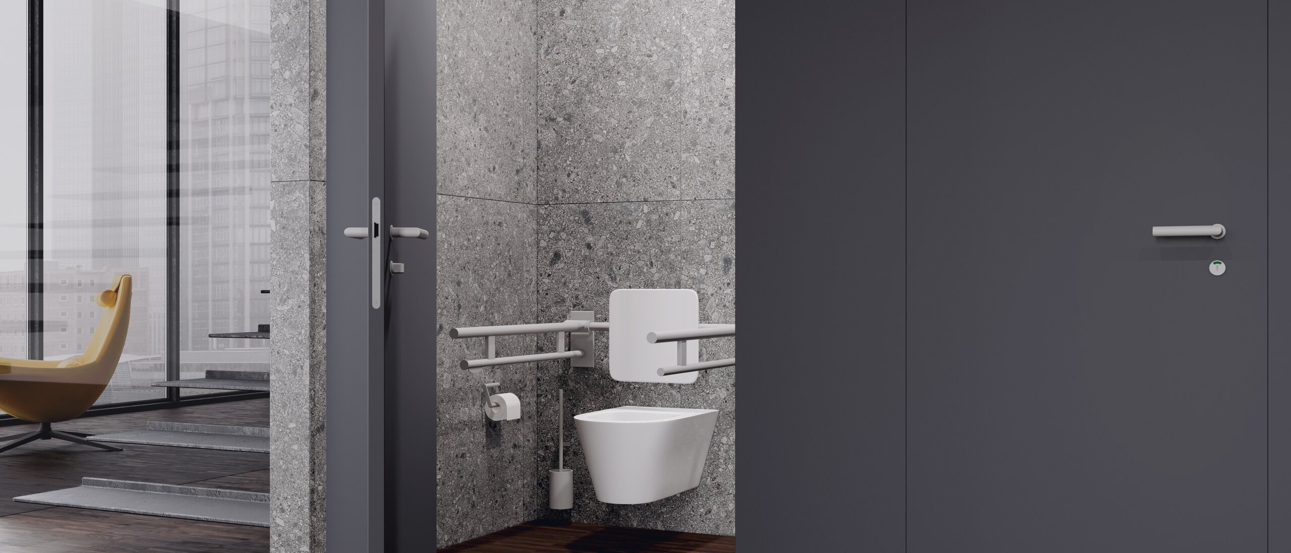 Public WC cubicle with back support and folding support handles in signal white