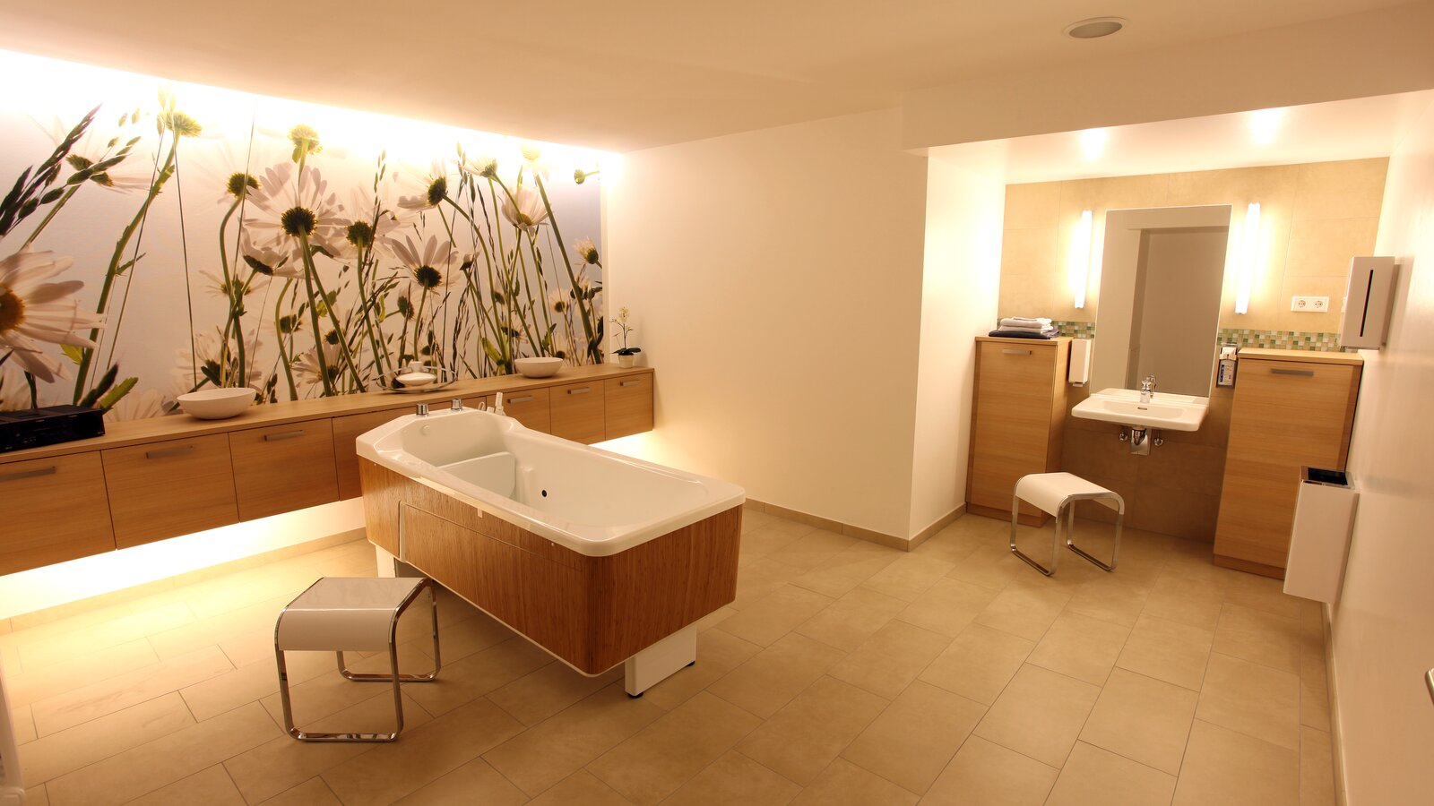 Care bathroom equipped with a stool, soap dispenser, hygiene waste garbage can and paper towel dispenser according to System 800