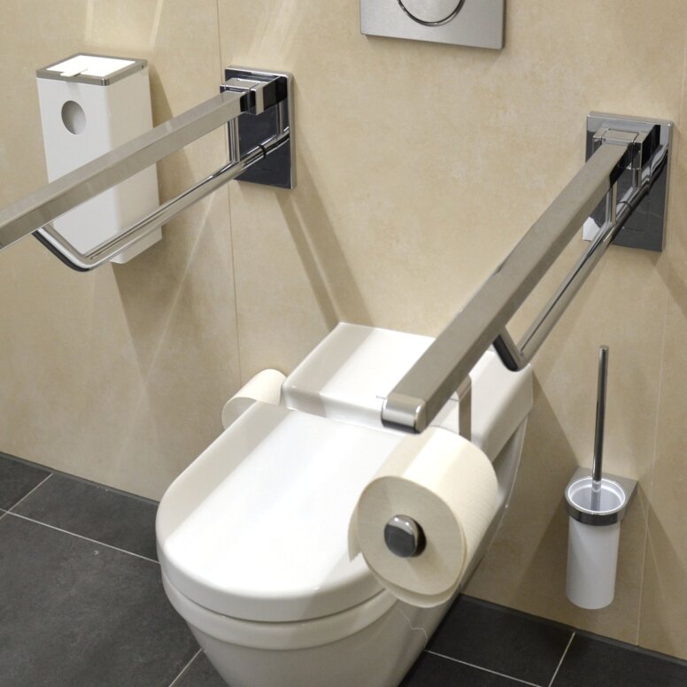 Toilet equipped with folding support handles, toilet brush set and System 800 hygiene waste garbage can