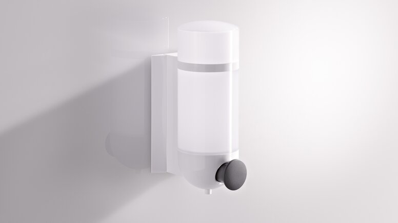 HEWI soap dispenser with cylindrical design in signal white made of polyamide and push button in anthracite Series 477/801