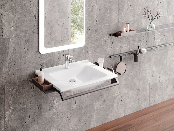 Modular washbasin with grab rail and shelves for bathroom utensils in dark gray matt stainless steel