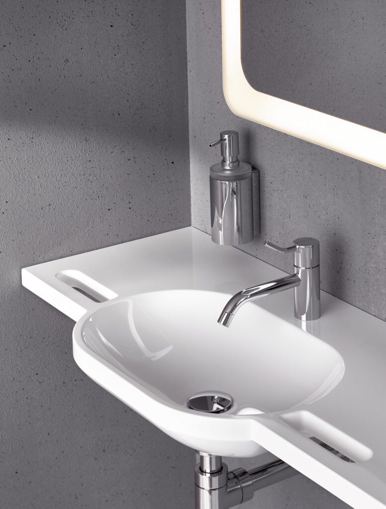 Washbasin with slate handles, oval basin, single-lever mixer in chrome, Becker and soap dispenser