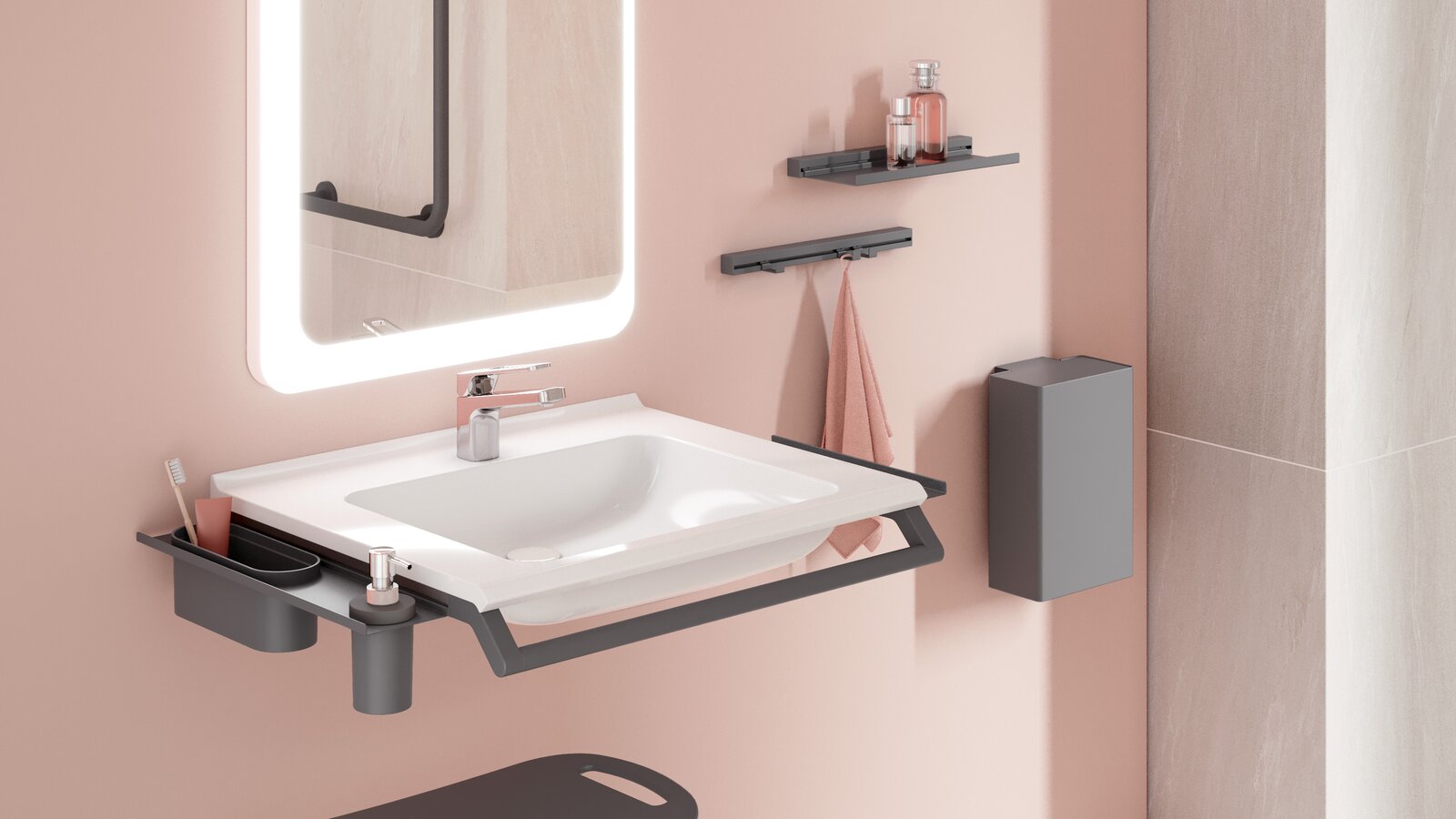 Plan de toilette modulaire et tabouret en anthracite mat