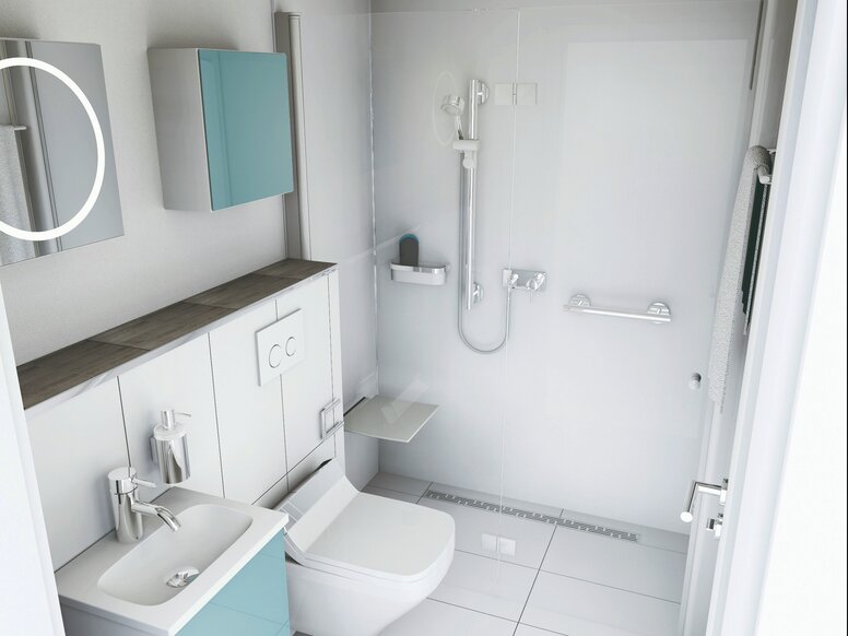 Petite salle de bain avec lavabo, espace douche et WC